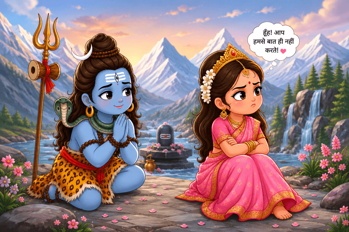 Cute chibi-style Lord Shiva and Goddess Parvati illustration with Kailash mountains, Shivling, Trishul, and Damru, free HD 4K download for wallpapers and devotional use.