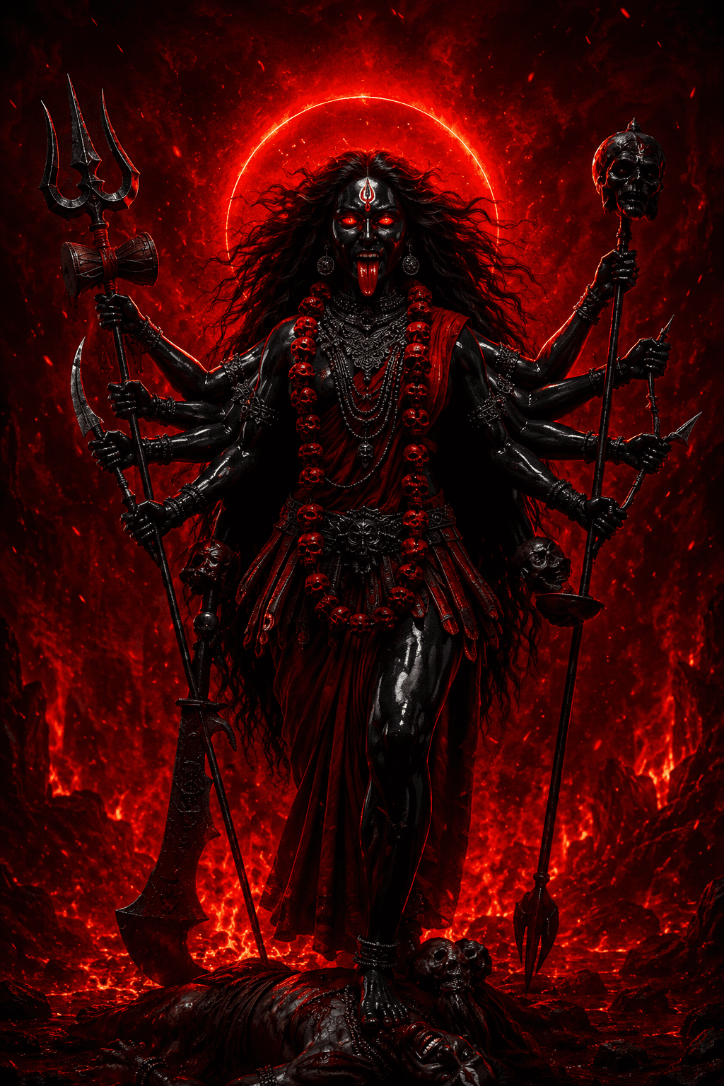 Fierce Maa Mahakali with multiple arms, glowing red eyes, trident, khadga, skull staff, and a blazing fiery background in stunning 4K, free to download.