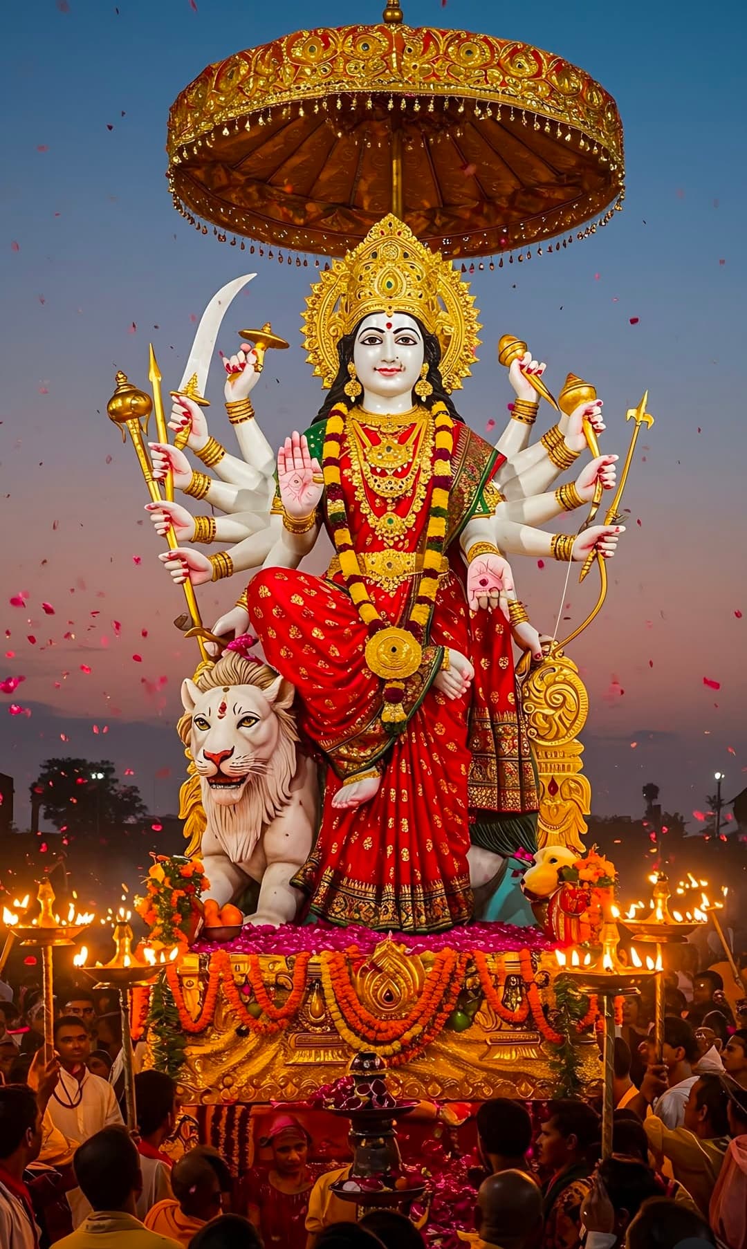 Durga in red saree with lion, golden umbrella, lamps, and devotees during festival.