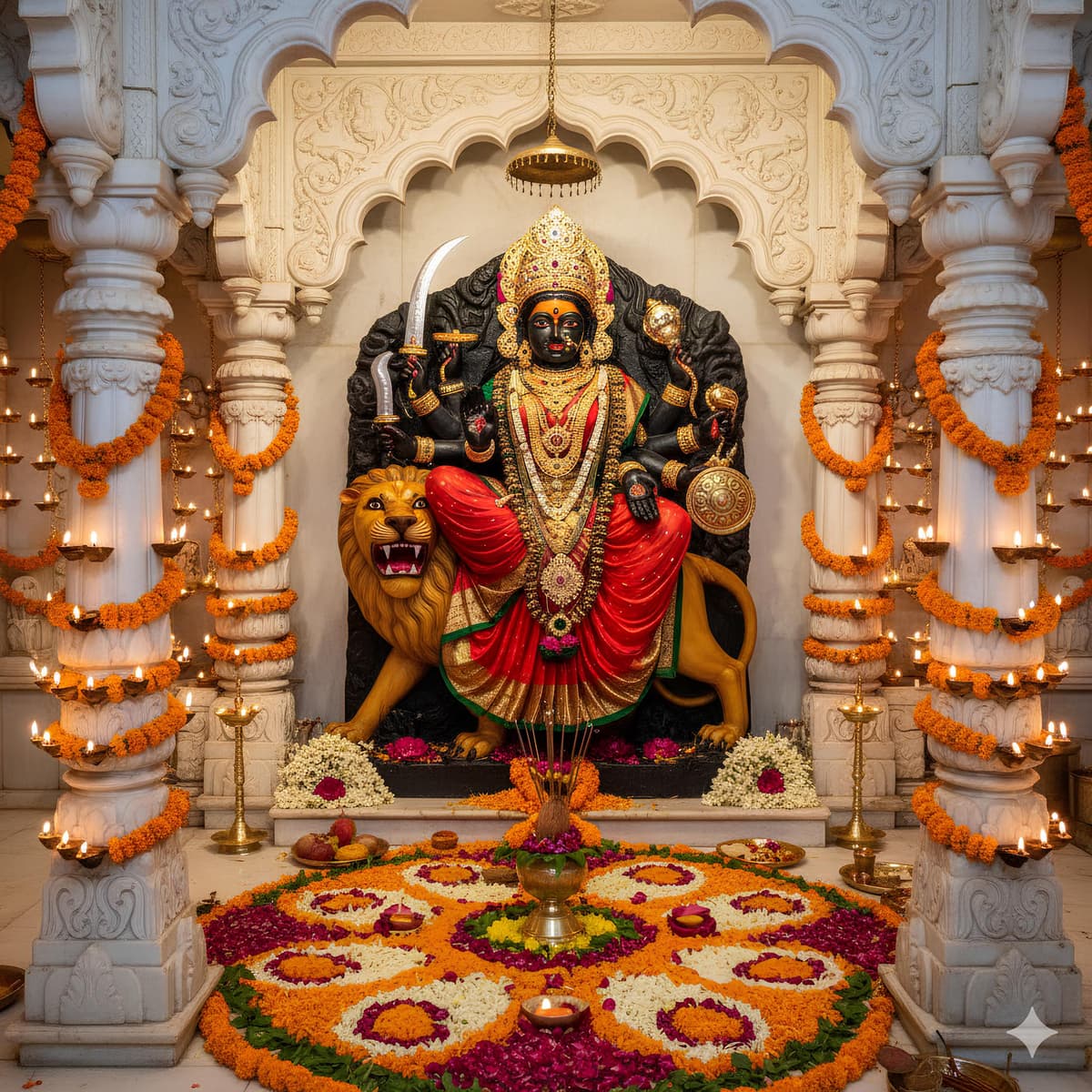 HD image of Goddess Durga idol in temple with golden ornaments, red saree, lion, diya lights, and floral decorations, free to download