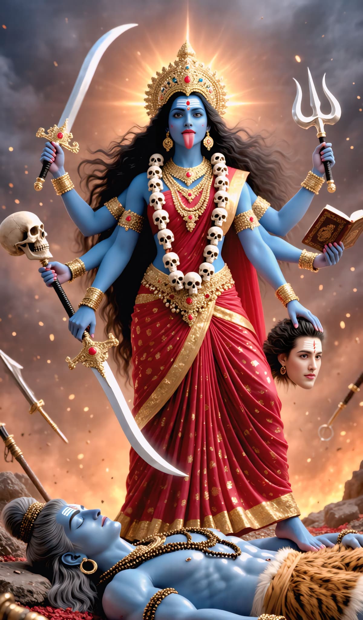 HD image of Goddess Kali with golden crown and red saree, holding sword, trident, skull, and book, standing over Lord Shiva, free to download