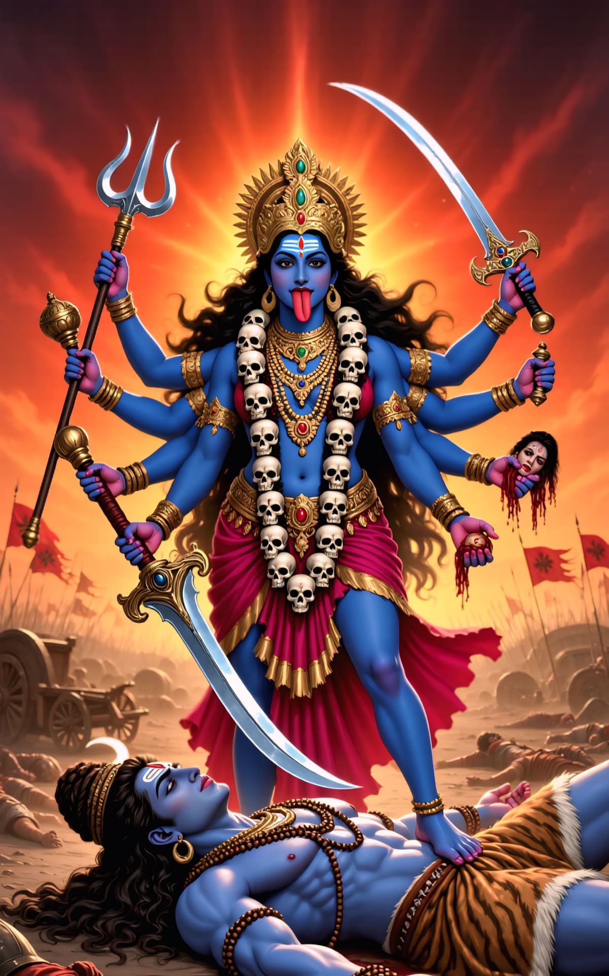 HD image of Goddess Kali in battle form with blue skin, skull garland, holding sword and trident, standing on Lord Shiva amid battlefield, free download
