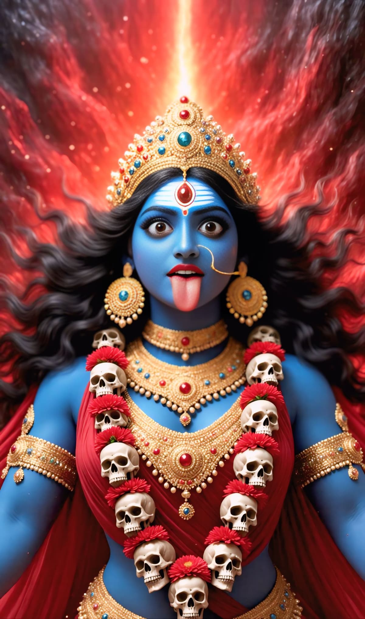 HD close-up image of Goddess Kali with blue skin, golden crown, skull garland, red saree, and fiery red background, free to download
