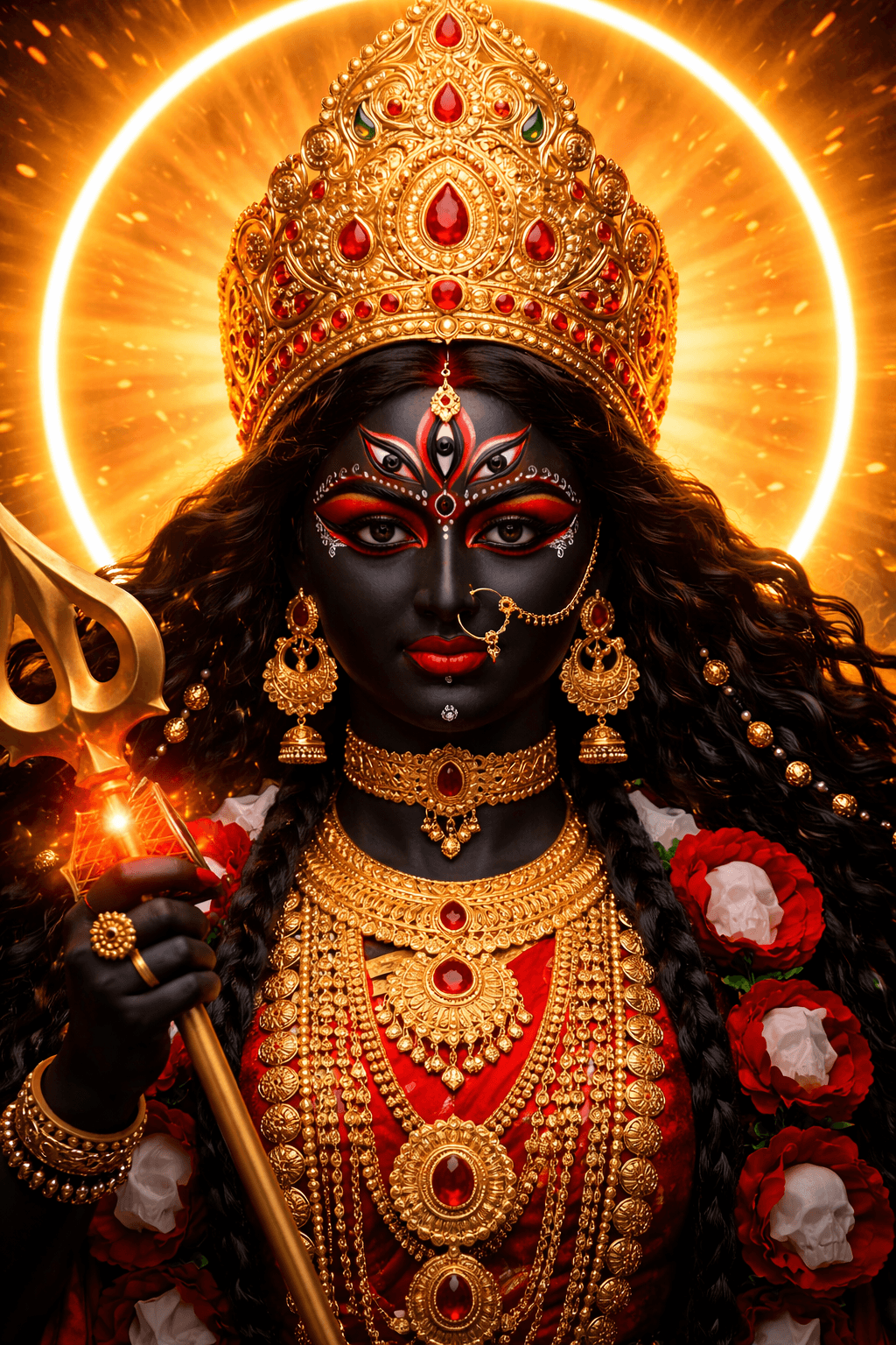 HD image of Goddess Kali idol adorned with gold crown, red saree, and flower garlands, surrounded by temple lamps, available for free download