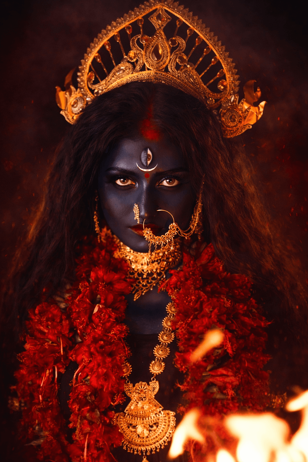 HD image of Goddess Kali with golden crown, red and gold saree, holding sword and trident, surrounded by lightning and clouds, free to download
