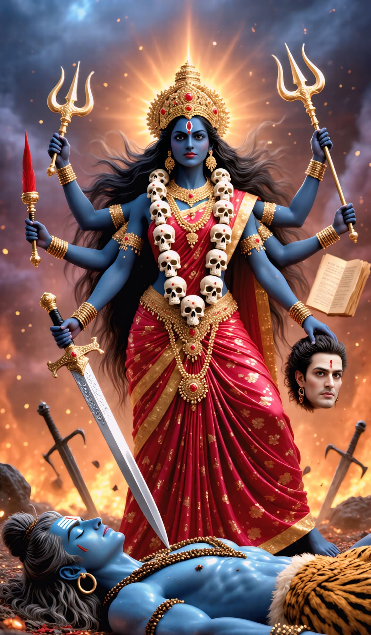 HD image of Goddess Kali with blue skin, golden crown, red saree, holding sword and trident, standing on Lord Shiva surrounded by divine light, free download