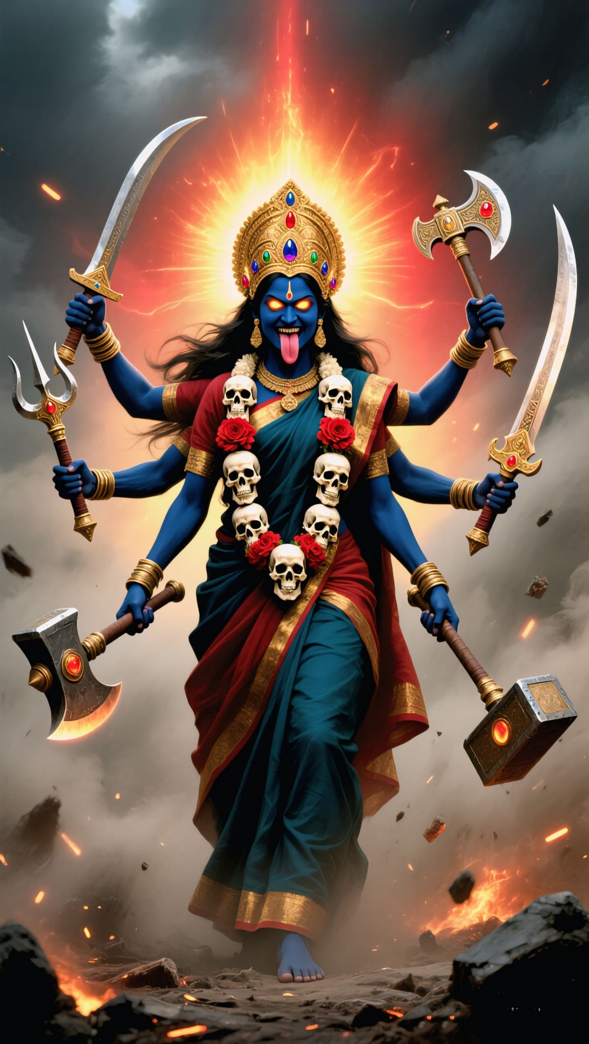 4K HD image of Goddess Kali with blue skin, red saree, skull garland, holding sword and trident, standing on Lord Shiva, free to download