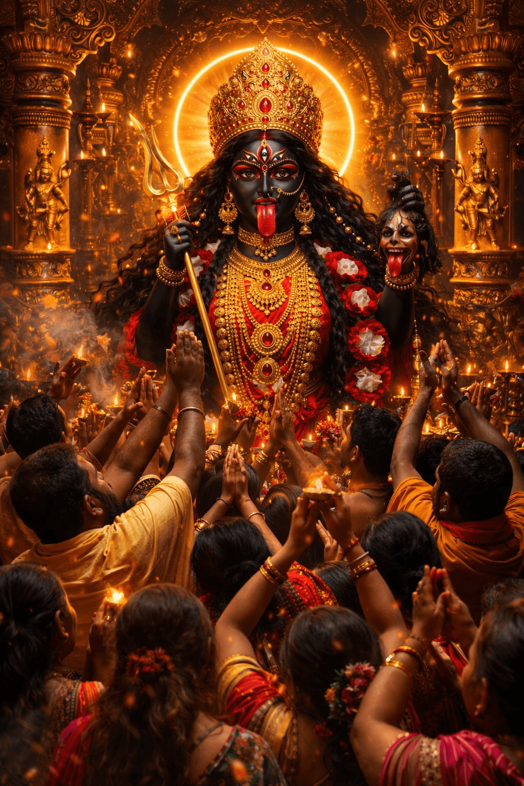 HD image of Goddess Kali in red saree with garlands, standing before a temple surrounded by diyas and petals, holding trident and bowl, free to download