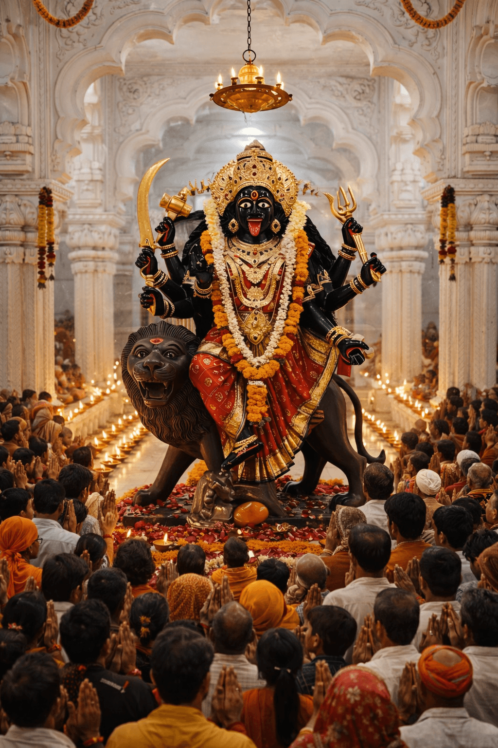 HD image of Goddess Kali idol decorated with red saree, gold crown, and floral garlands inside temple, surrounded by lamps, free to download