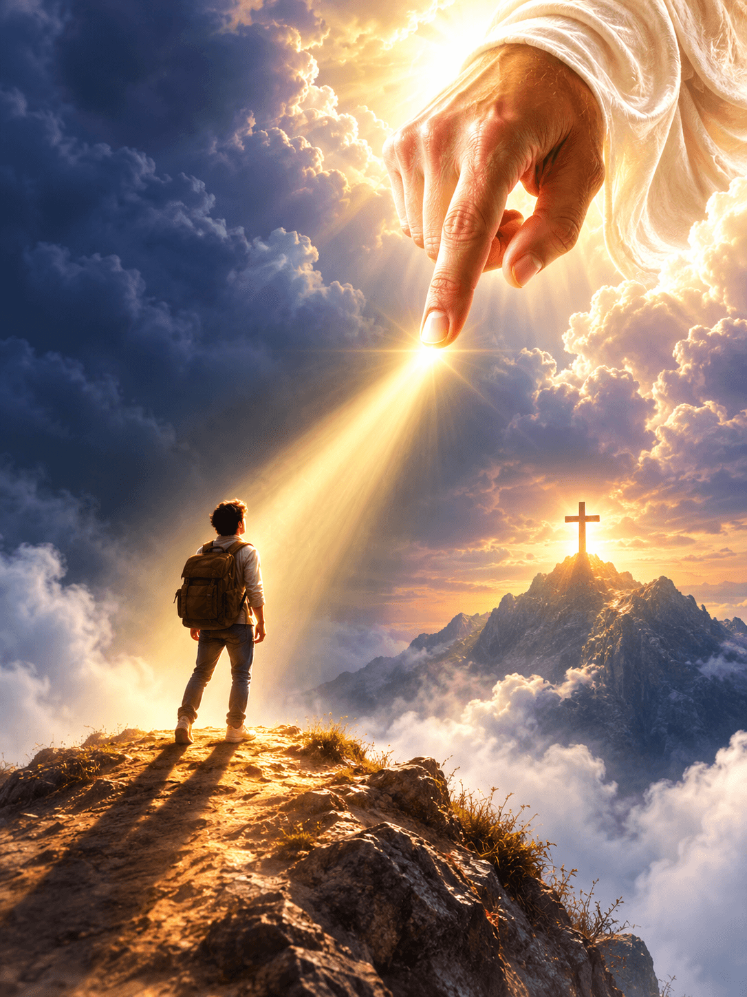 High-resolution inspirational artwork of God's hand pointing a traveler toward a glowing cross on a mountain through radiant clouds, symbolizing divine guidance, faith, and hope, ideal for HD wallpapers.