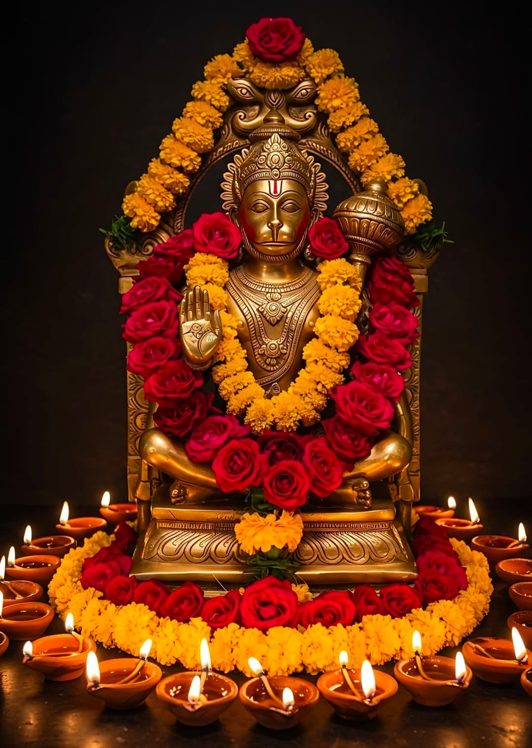 Golden Hanuman idol with flower garlands and glowing diyas