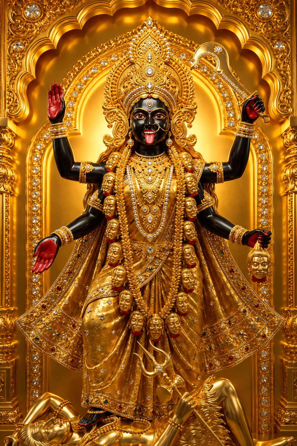 Golden Maa Kali idol with black complexion, ornate gold crown, blessing hand, sacred sword, symbolic garland, and golden temple backdrop in HD 4K.