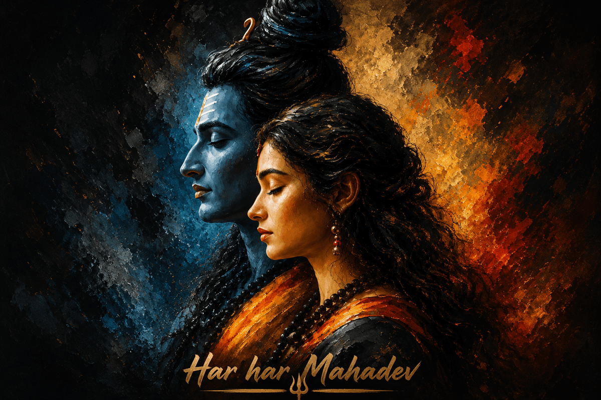 Artistic 4K portrait of Lord Shiva and Goddess Parvati in a serene side profile with 'Har Har Mahadev' artwork, free HD download and wallpaper.