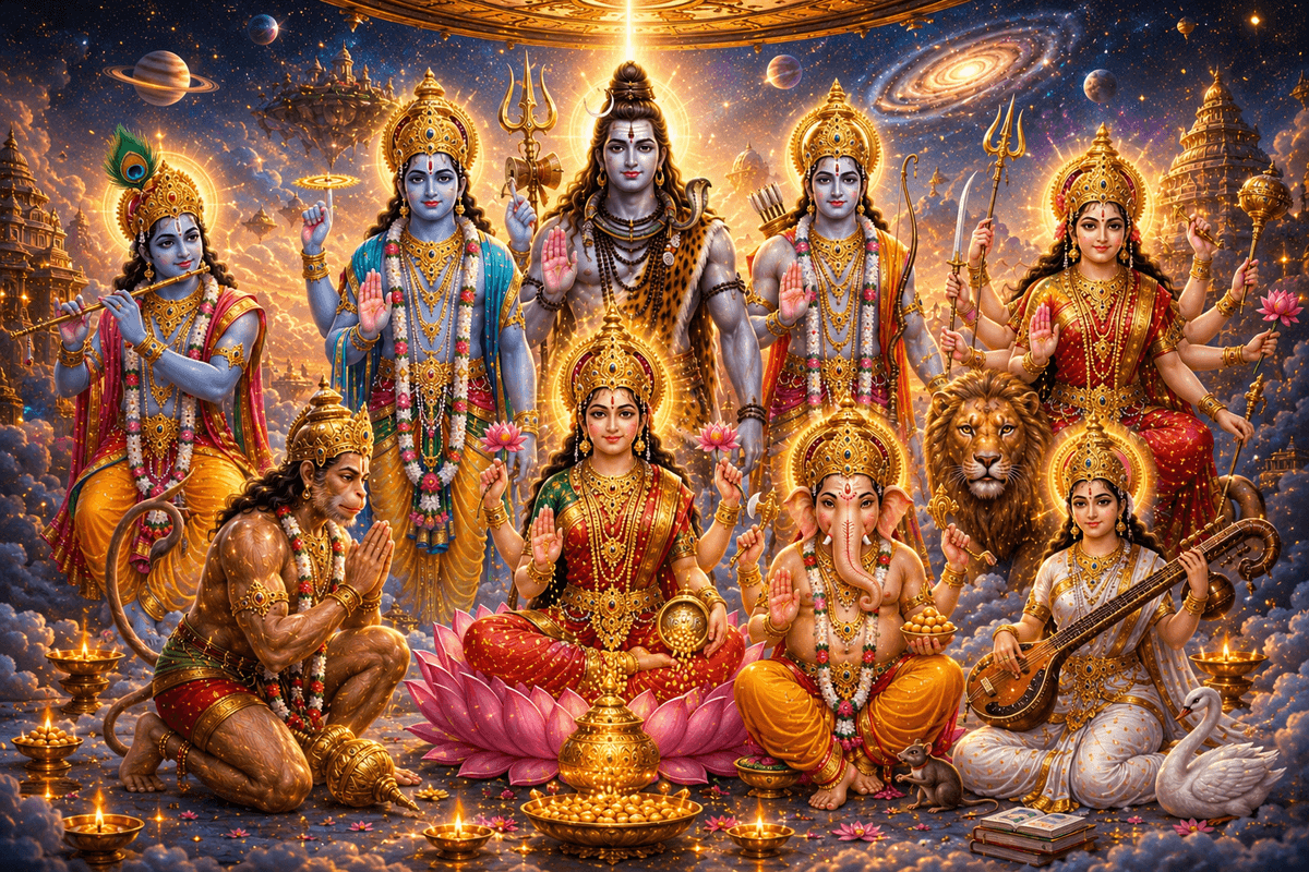 Stunning 4K image featuring Lord Shiva, Vishnu, Krishna, Rama, Lakshmi, Durga, Ganesha, Saraswati, and Hanuman, free HD download for wallpapers and devotional projects.