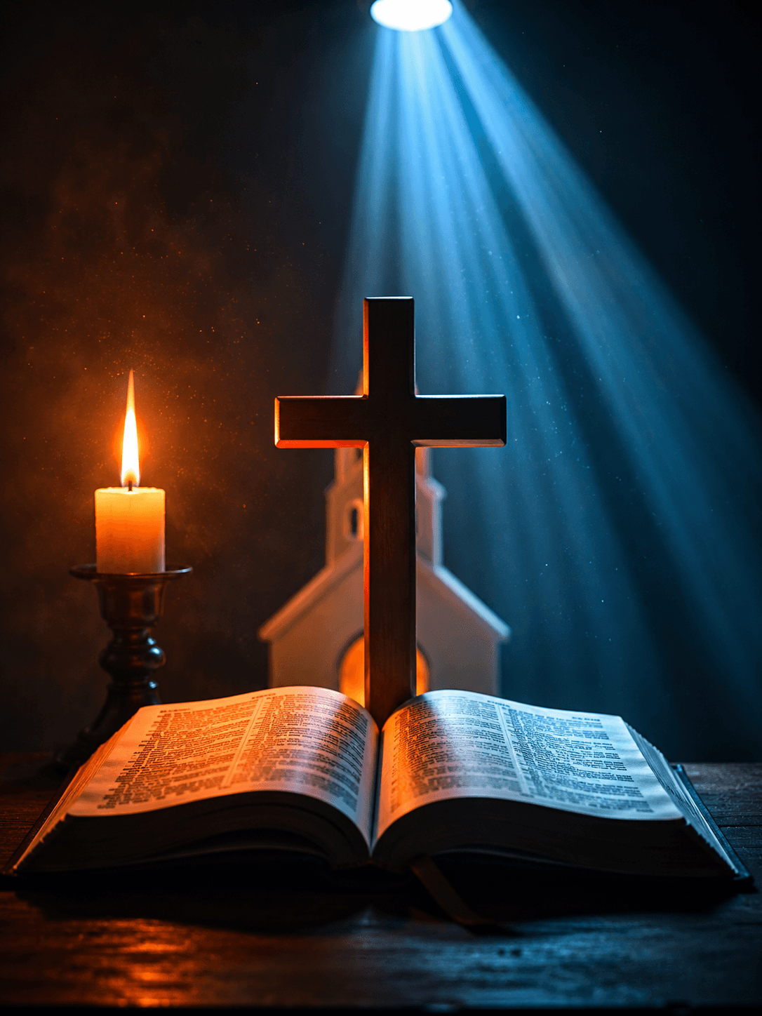 An open Holy Bible with a wooden cross, glowing candle, church silhouette, and heavenly light rays, symbolizing Christian faith, prayer, hope, worship, and spiritual devotion.