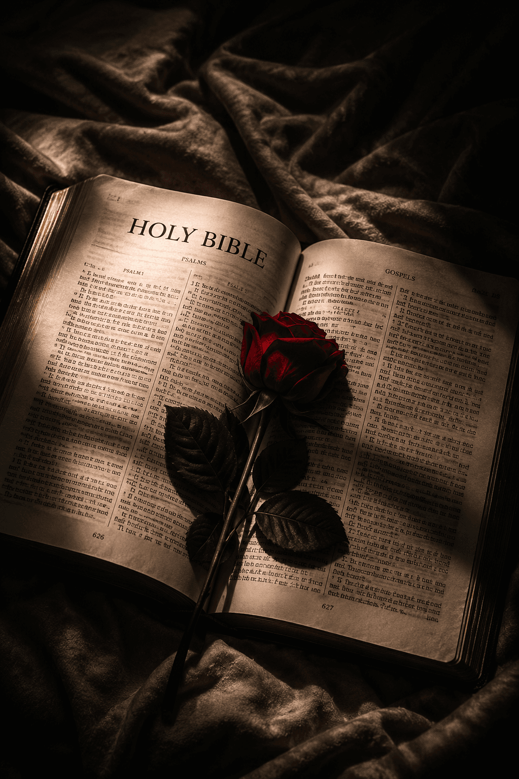 Open Holy Bible with a red rose resting across its pages, illuminated by warm light, symbolizing God's Word, faith, love, prayer, and devotion.