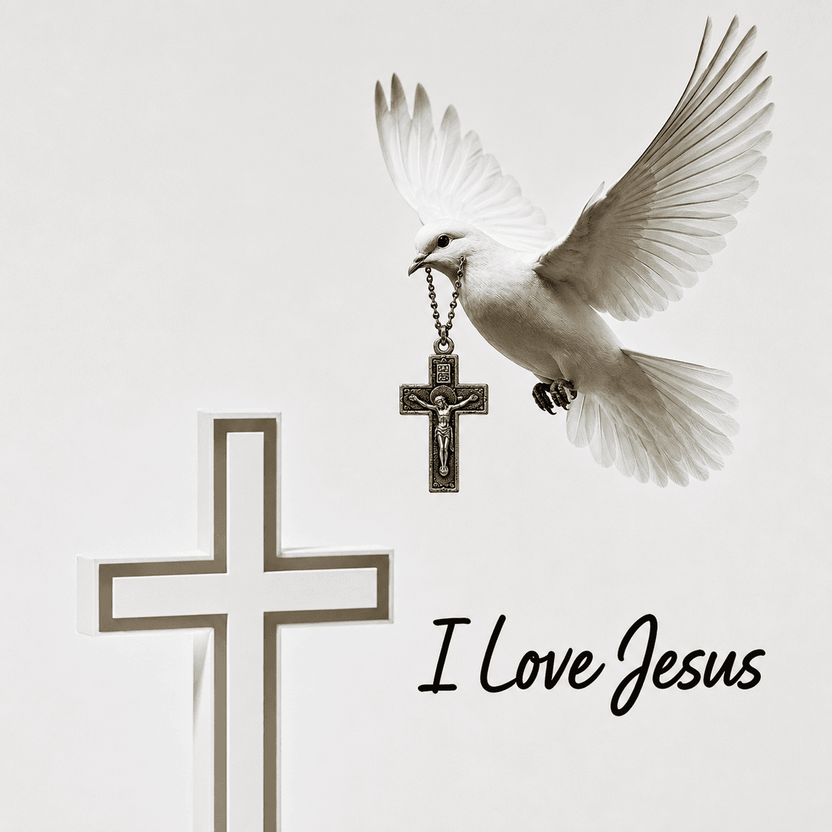 A white dove carrying a crucifix pendant flying beside a white Christian cross with the text "I Love Jesus," symbolizing the Holy Spirit, faith, peace, hope, and devotion.