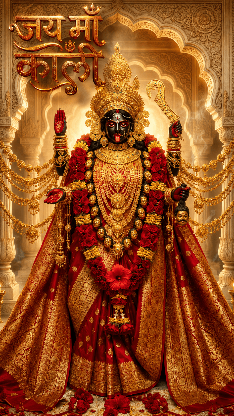 Jai Maa Kali divine idol in a golden temple with red saree, gold jewelry, blessing hand, sacred garland, sword, and hibiscus flowers in HD