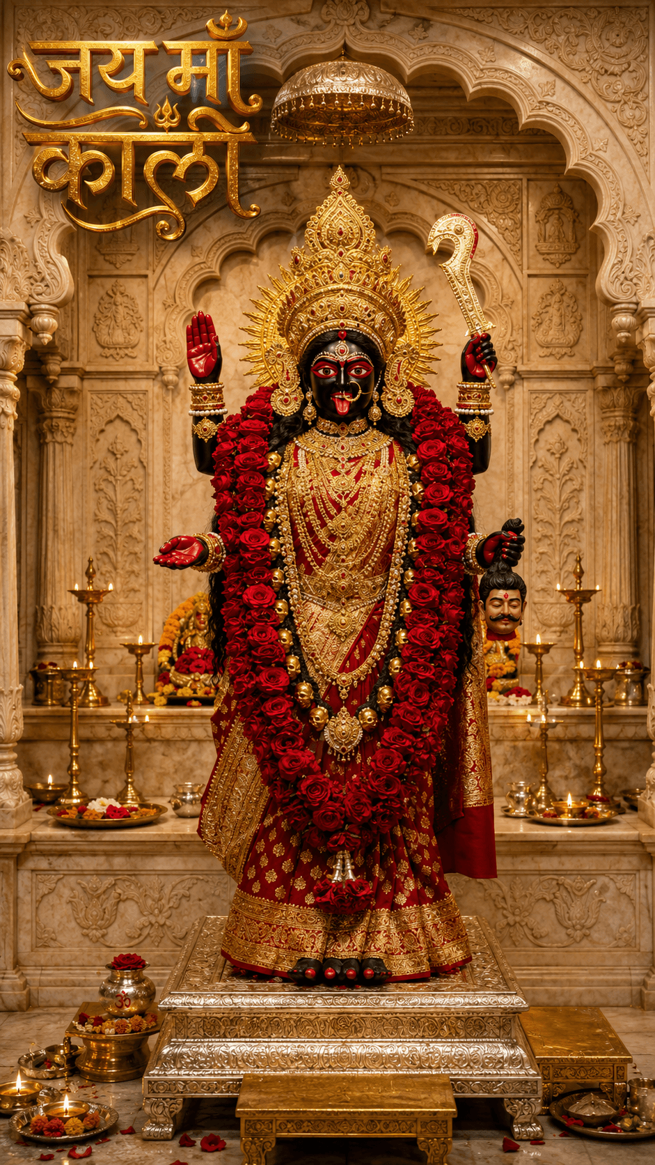 Jai Maa Kali idol standing in a marble temple with a red rose garland, golden crown, blessing hand, sacred sword, and traditional red attire in HD 4K.