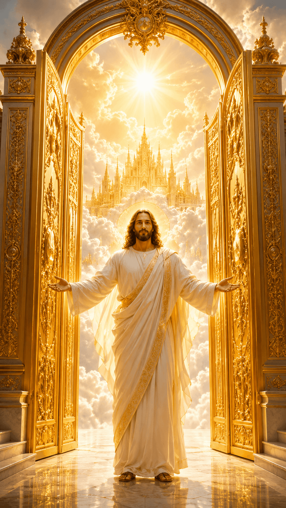 Jesus Christ standing at the magnificent golden gates of Heaven with open arms, surrounded by radiant clouds and heavenly light, symbolizing eternal life, hope, and divine welcome.