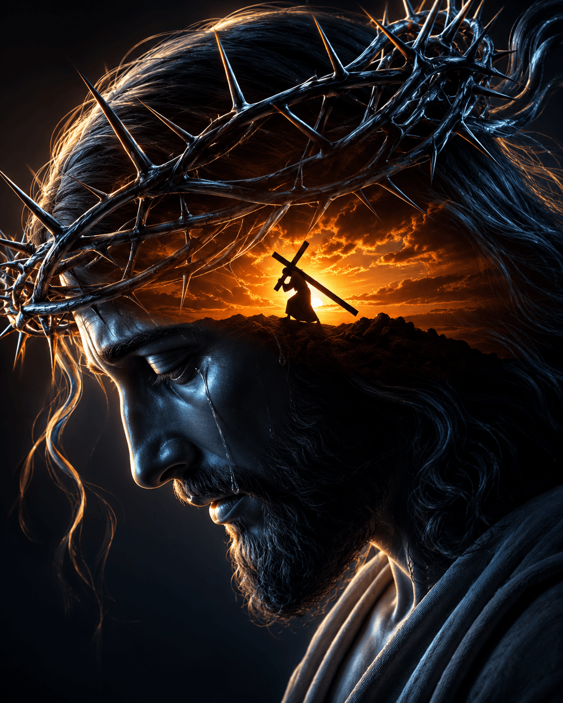 Jesus Christ wearing the crown of thorns with a double-exposure scene of carrying the cross at sunset, symbolizing sacrifice, redemption, and unwavering faith.