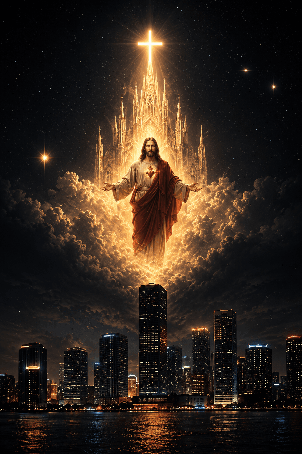 Jesus Christ with the Sacred Heart standing above a glowing heavenly cathedral over a modern city skyline beneath a radiant cross at night.