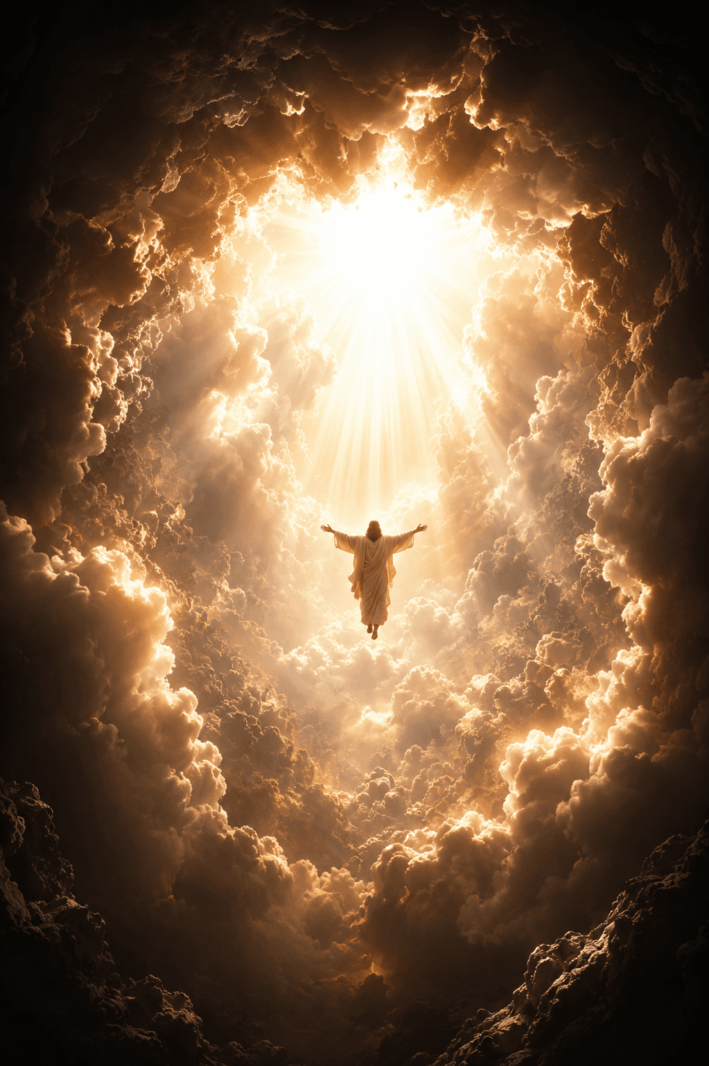 Jesus Christ ascending into Heaven through radiant golden clouds with divine light shining from above, symbolizing resurrection, glory, hope, and eternal life.