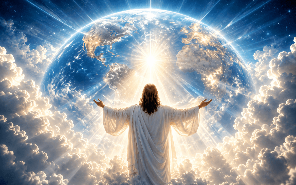 Jesus Christ with outstretched arms blessing the Earth amid radiant heavenly clouds and divine light in a stunning Christian digital artwork.
