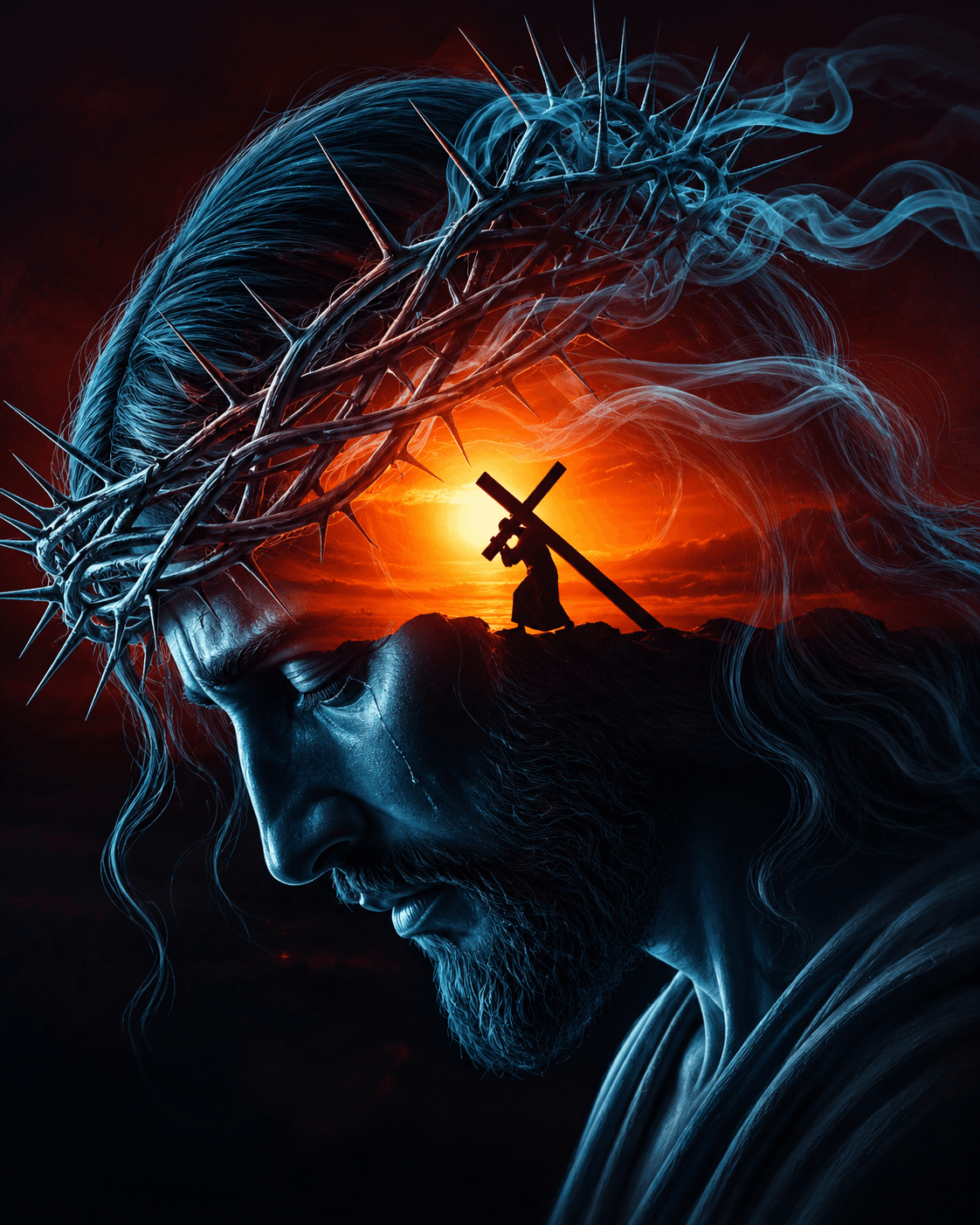 Jesus Christ wearing the Crown of Thorns with a silhouette of Him carrying the Cross at sunset, symbolizing sacrifice, redemption, and unwavering faith.