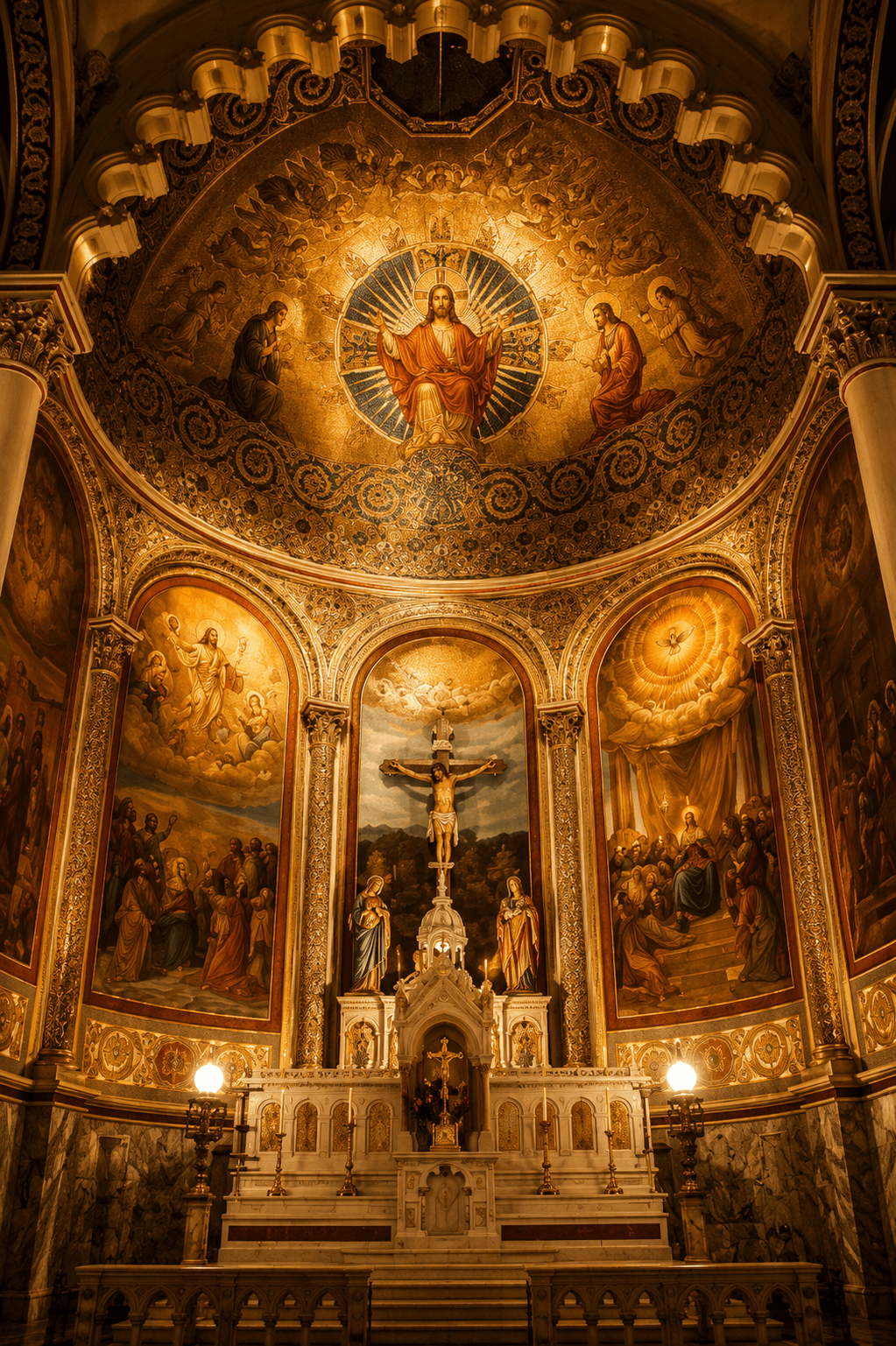 Magnificent church sanctuary featuring Jesus Christ enthroned above a beautifully decorated altar with sacred mosaics, crucifix, angels, and golden Christian artwork.