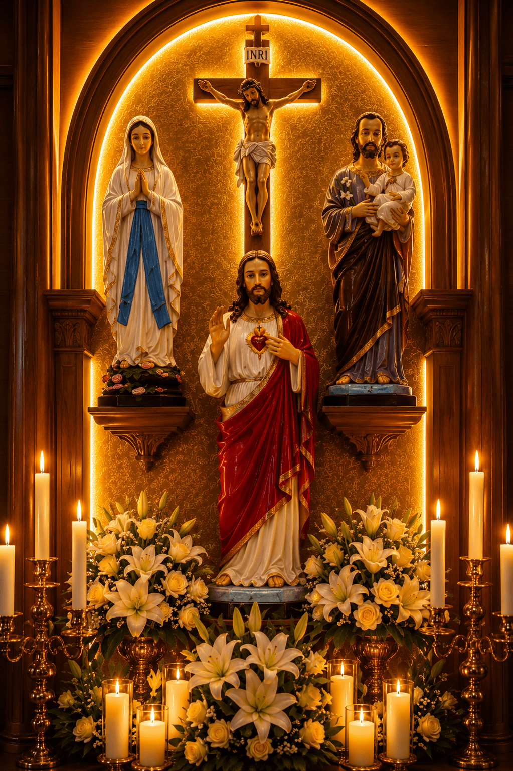 Christian church altar featuring Jesus Christ, the Holy Cross with the crucifix, Virgin Mary, Saint Joseph with Child Jesus, candles, and white lilies.