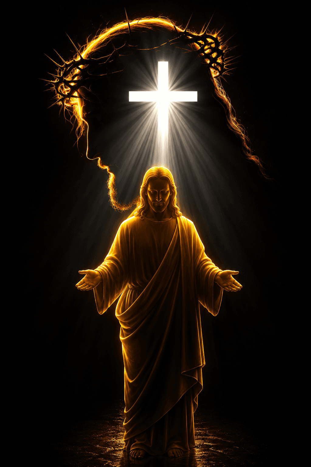 Glowing silhouette of Jesus Christ with a radiant cross and crown of thorns on a dark background, symbolizing salvation, redemption, faith, and eternal hope.