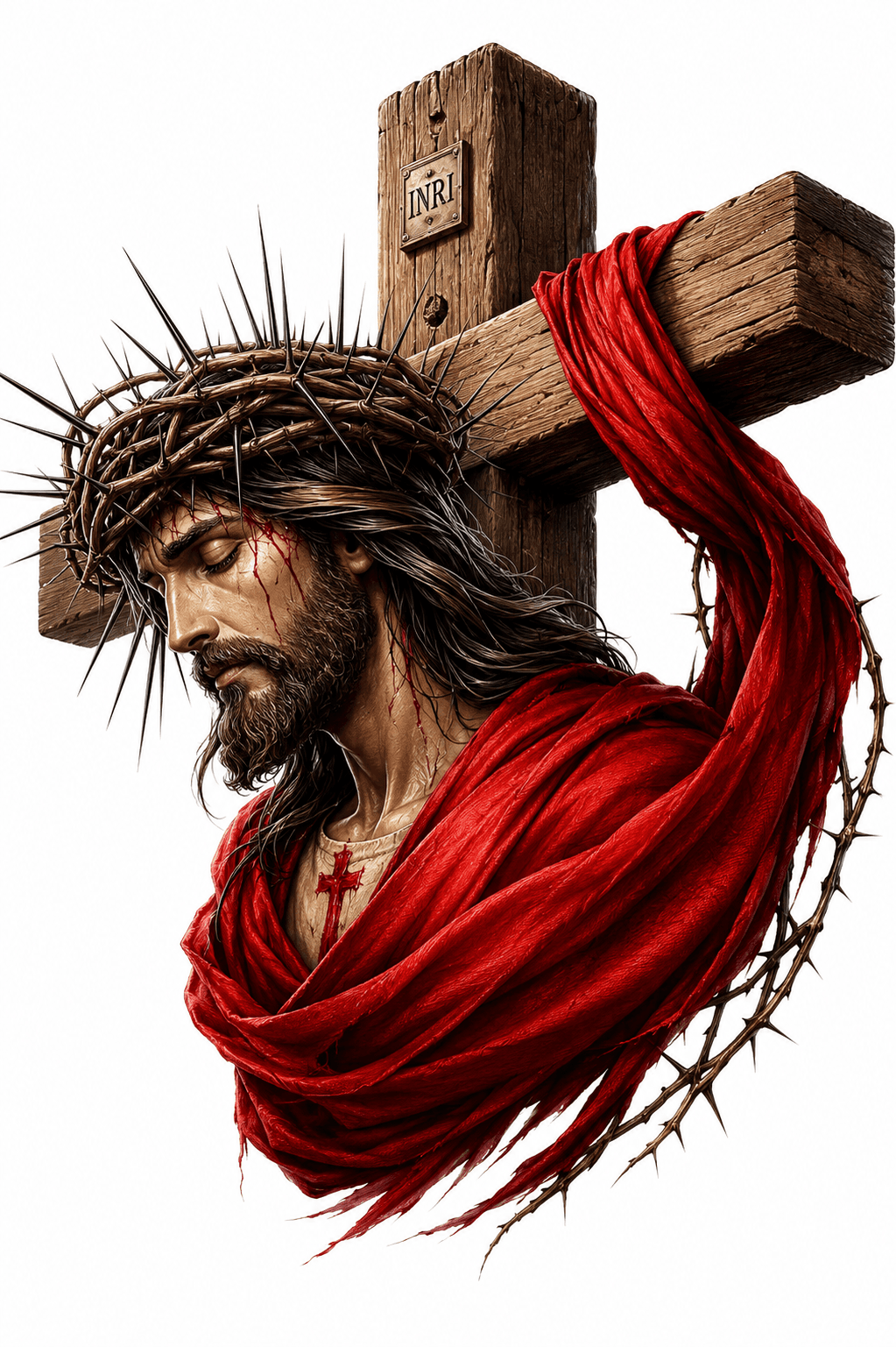 Jesus Christ wearing a Crown of Thorns with a wooden cross draped in a red robe, symbolizing sacrifice, redemption, and Christian faith