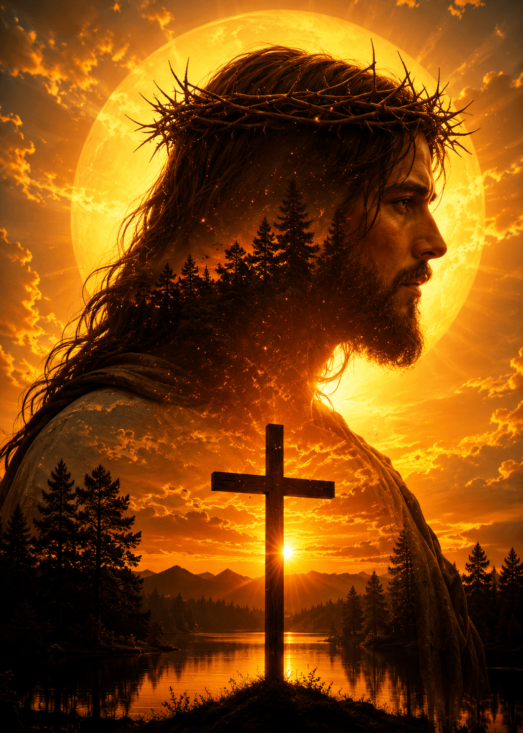 Jesus Christ wearing the crown of thorns with a glowing sunset and cross reflected over a peaceful lake, symbolizing faith, sacrifice, and redemption.