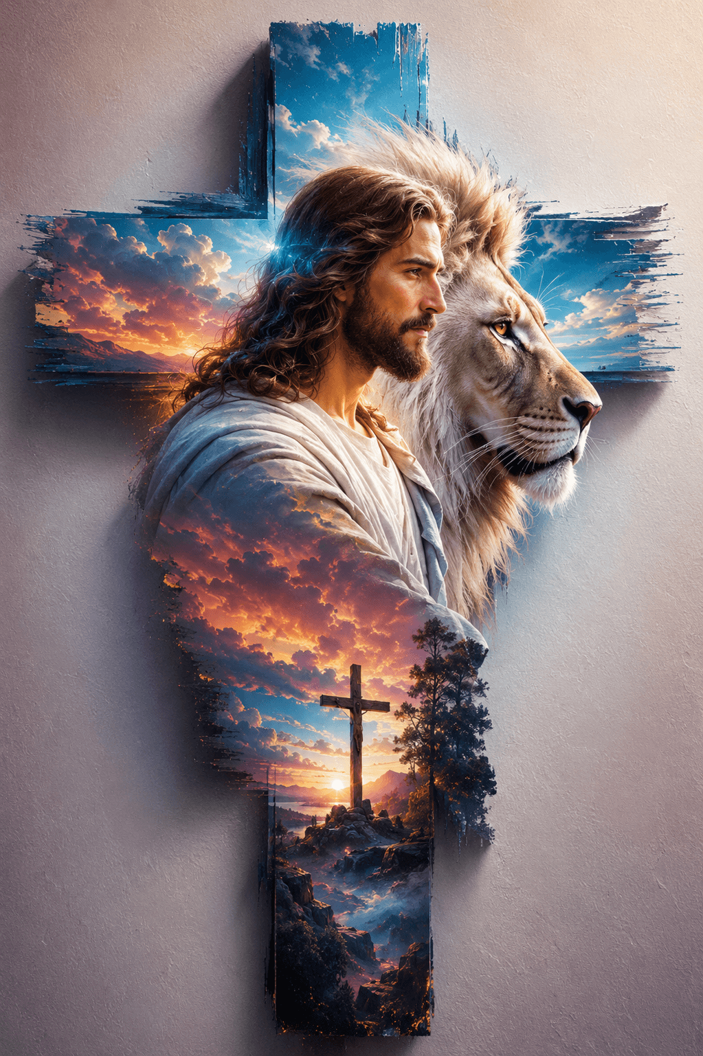 Artistic portrait of Jesus Christ beside a majestic lion with a cross and dramatic sunset, symbolizing faith, courage, and divine protection