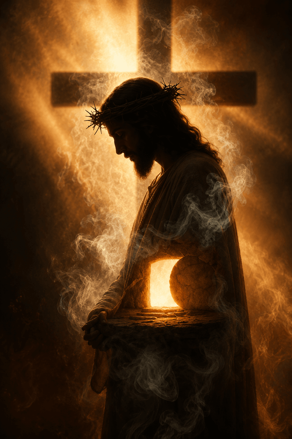 Silhouette of Jesus Christ wearing the crown of thorns beside the empty tomb with a glowing cross and dramatic golden light, symbolizing sacrifice and resurrection.