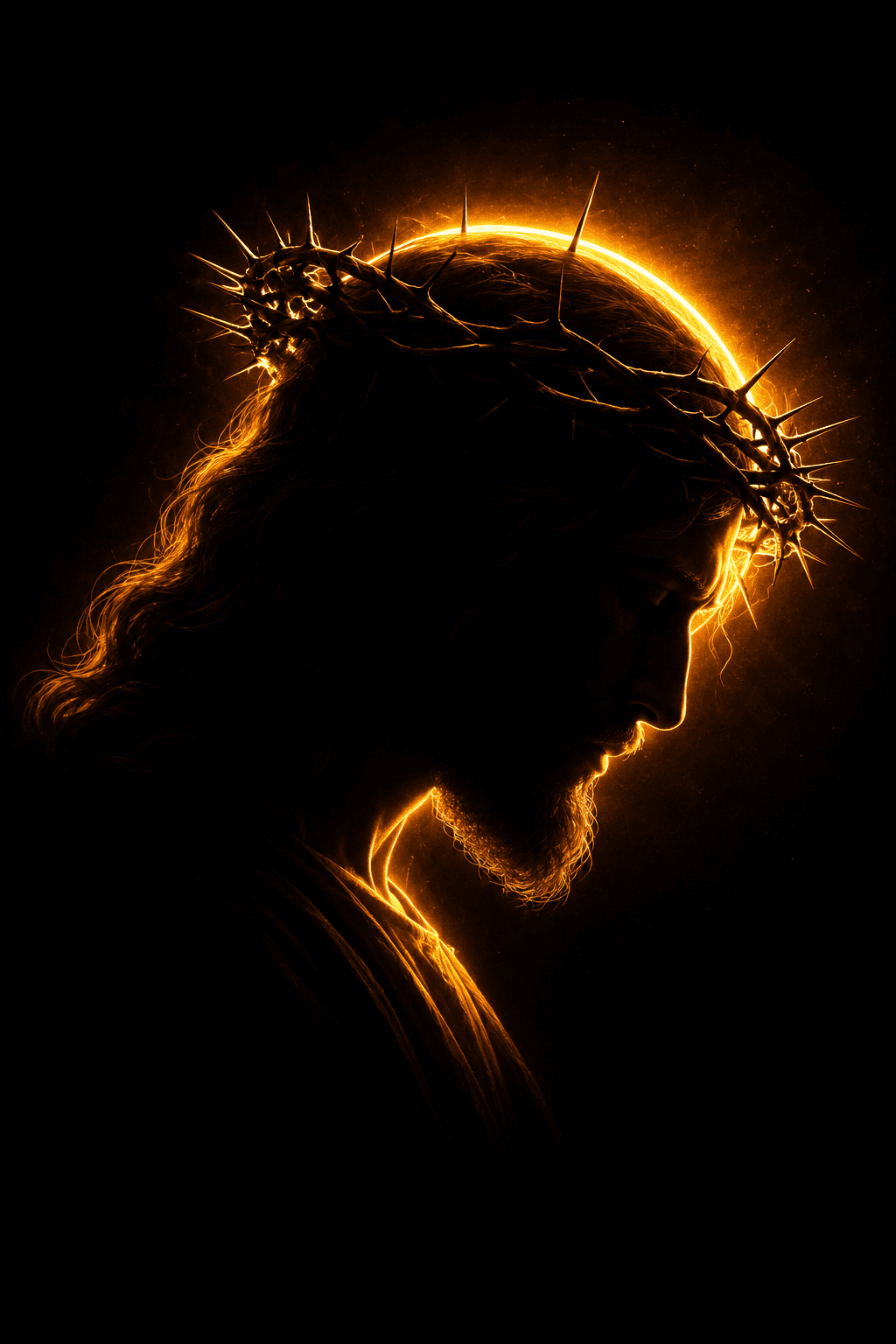 Silhouette of Jesus Christ wearing the Crown of Thorns with a radiant golden halo against a dark background, symbolizing sacrifice, redemption, and hope.