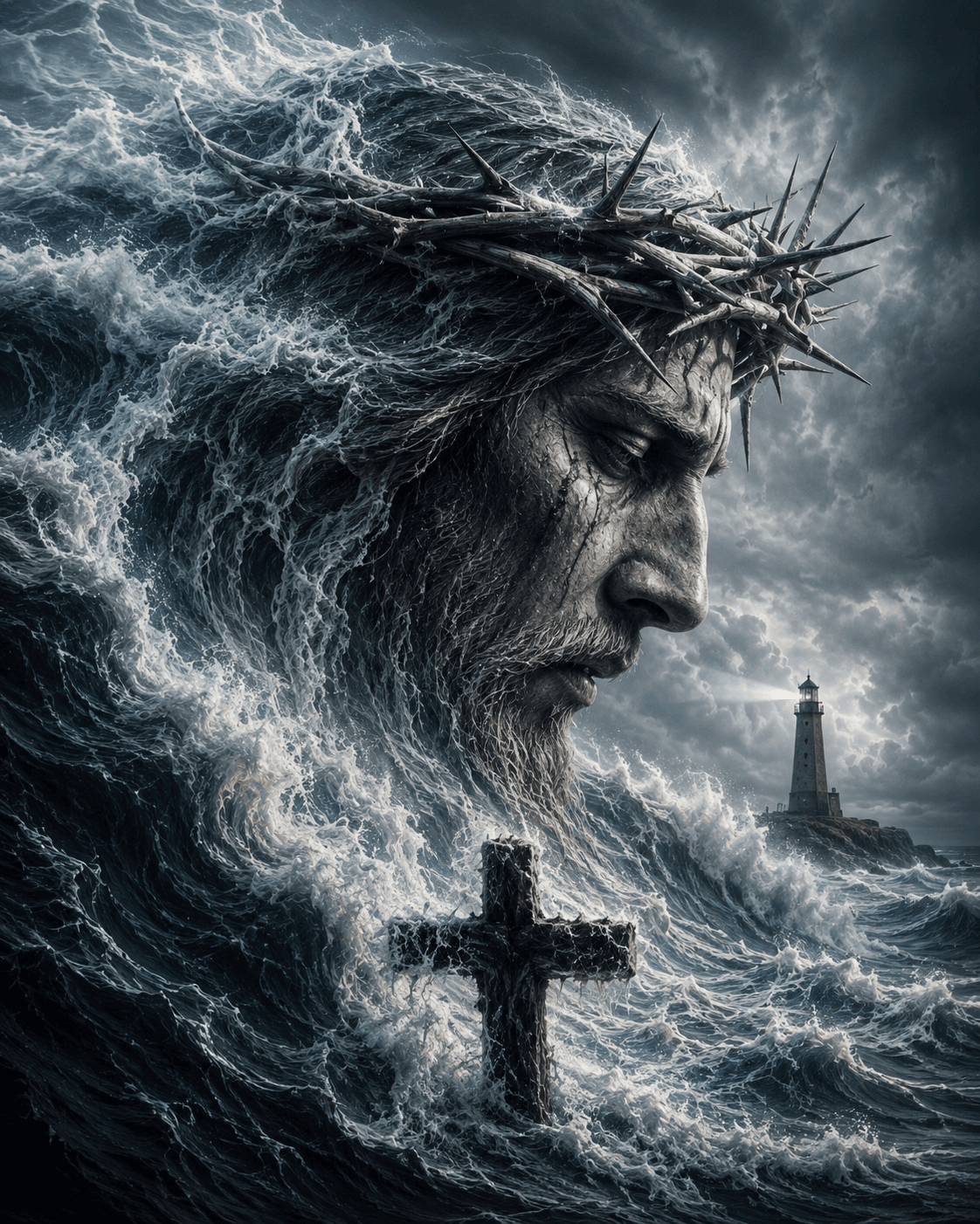 High-resolution artwork of Jesus Christ wearing a crown of thorns emerging from stormy ocean waves beside a cross and distant lighthouse, creating a dramatic Christian devotional HD wallpaper.