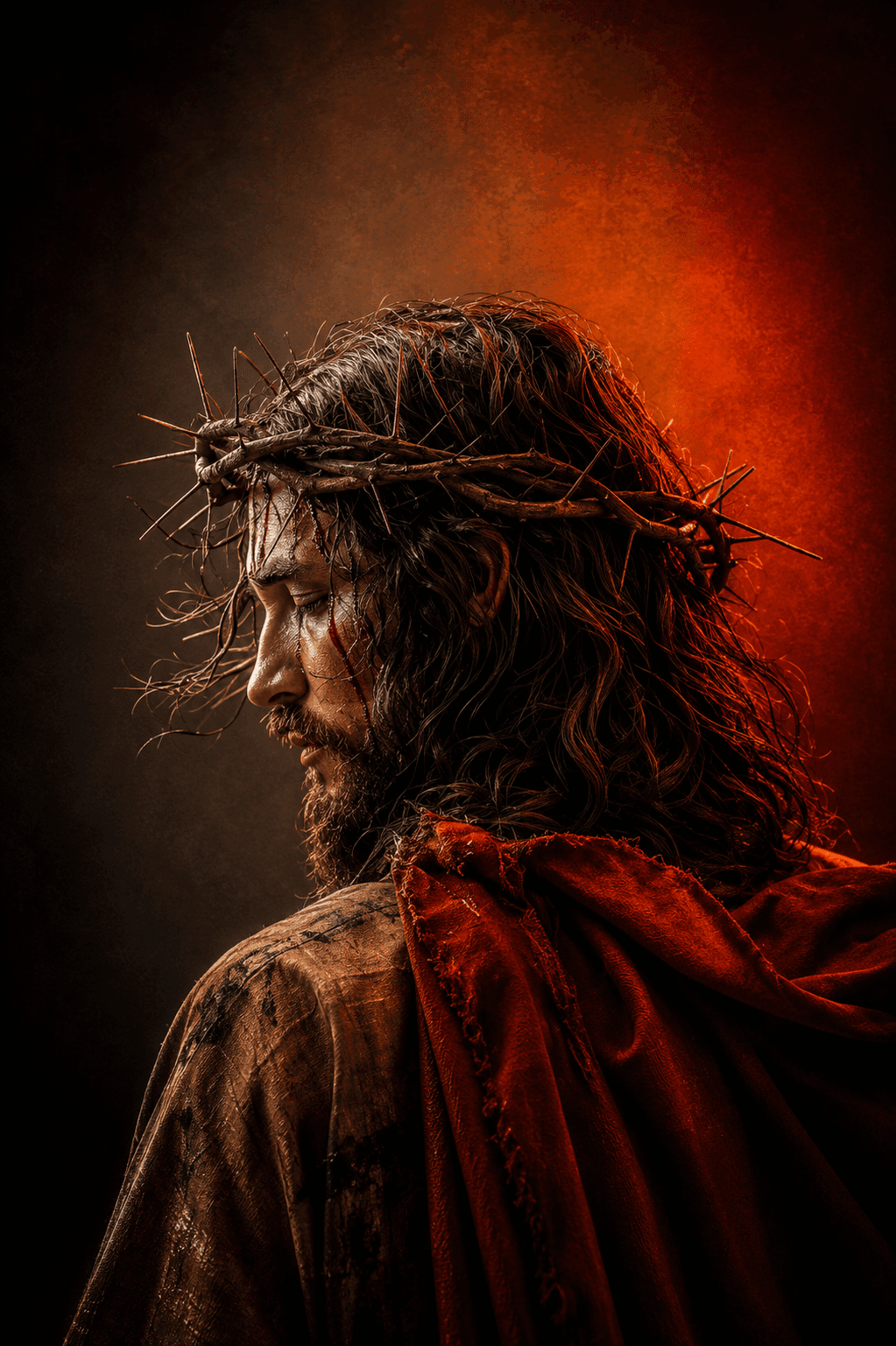 Jesus Christ wearing the Crown of Thorns with a solemn expression, symbolizing His sacrifice, love, and redemption in a dramatic Christian artwork