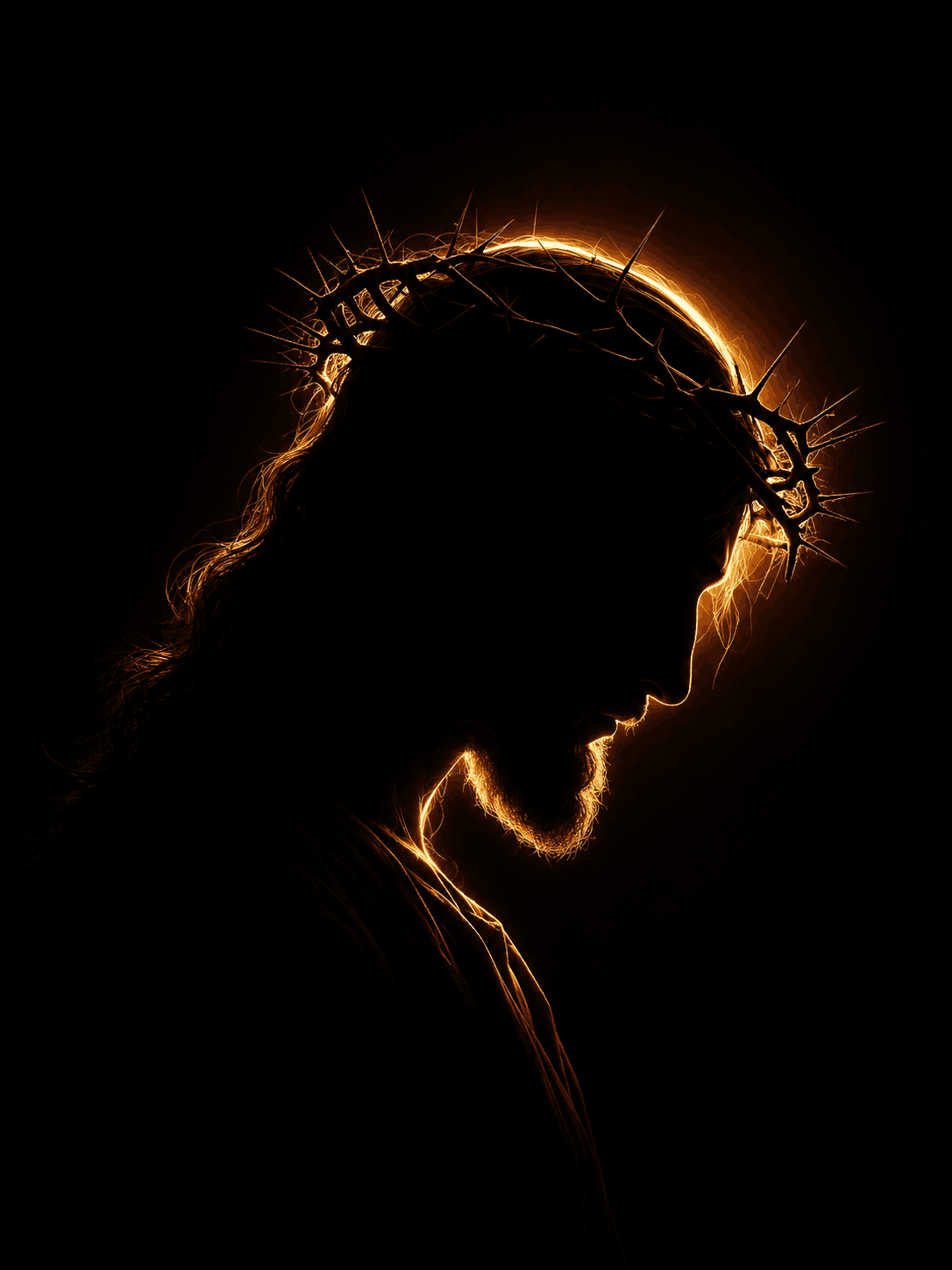 Side profile silhouette of Jesus Christ wearing the crown of thorns with a warm golden glow on a black background.