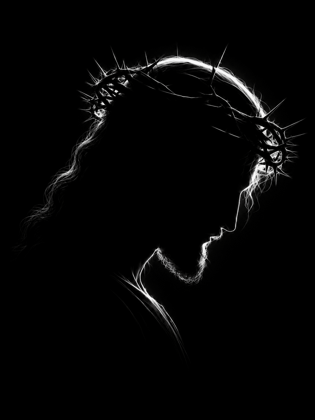 Minimalist silhouette of Jesus Christ wearing the crown of thorns against a black background with glowing white rim light.