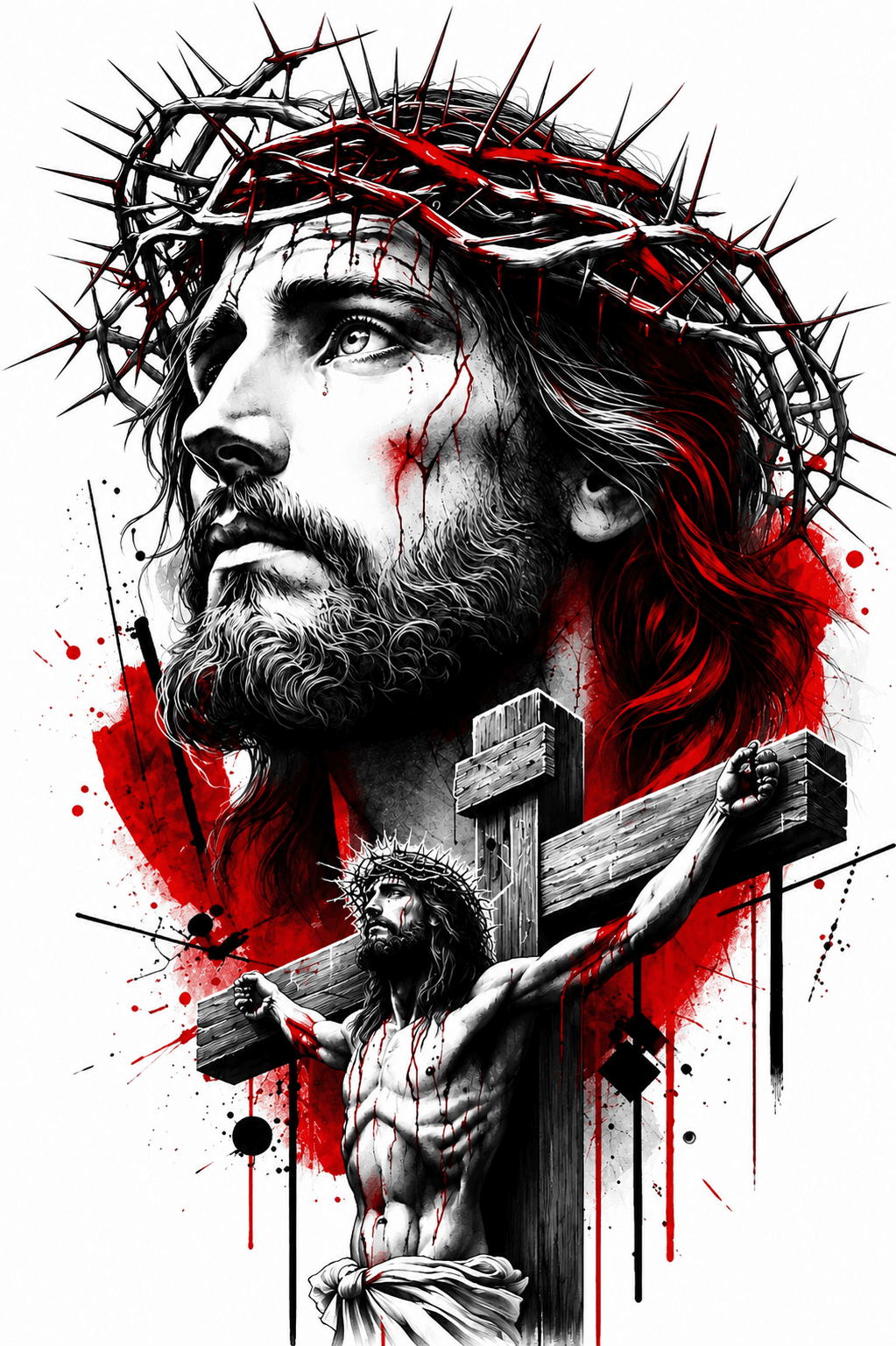 Dramatic digital artwork of Jesus Christ wearing the Crown of Thorns above the Holy Cross with red and black artistic splashes symbolizing sacrifice, redemption, and Christian faith.