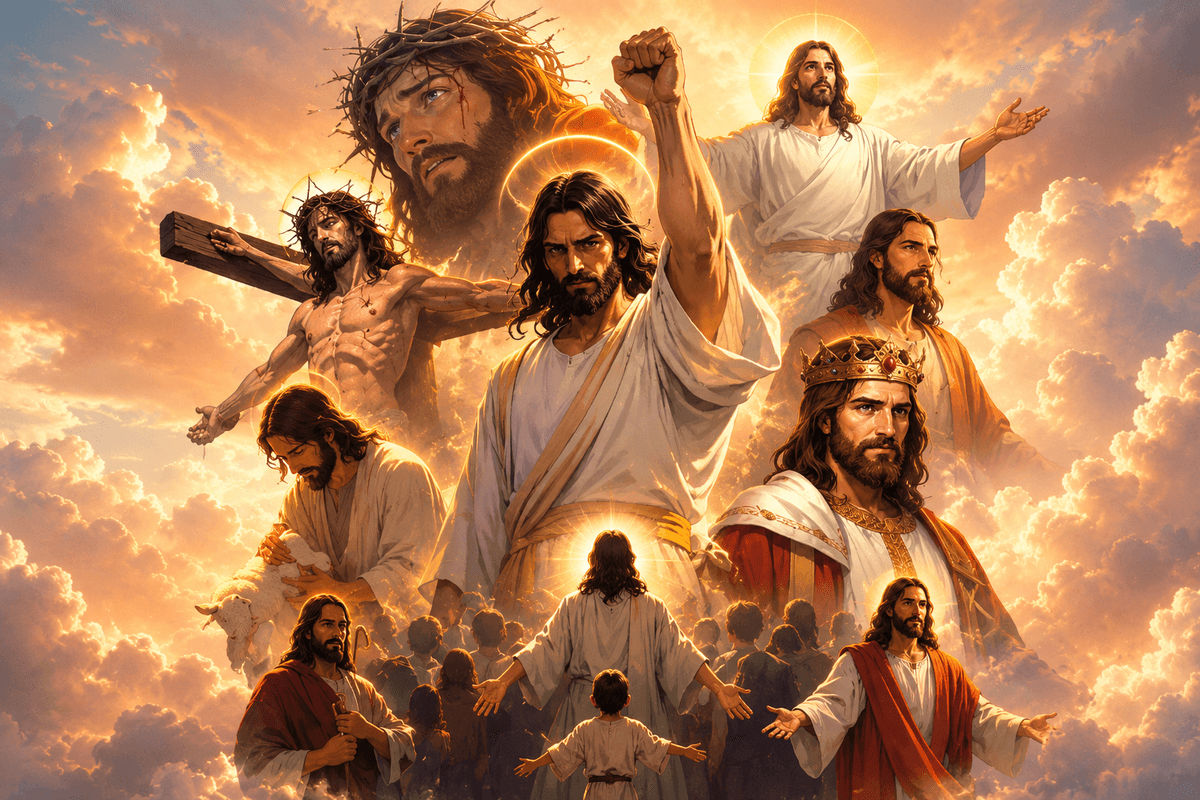 Inspirational collage of Jesus Christ showing the Good Shepherd, crucifixion, resurrection, King of Kings, ministry, and divine love in radiant heavenly clouds.
