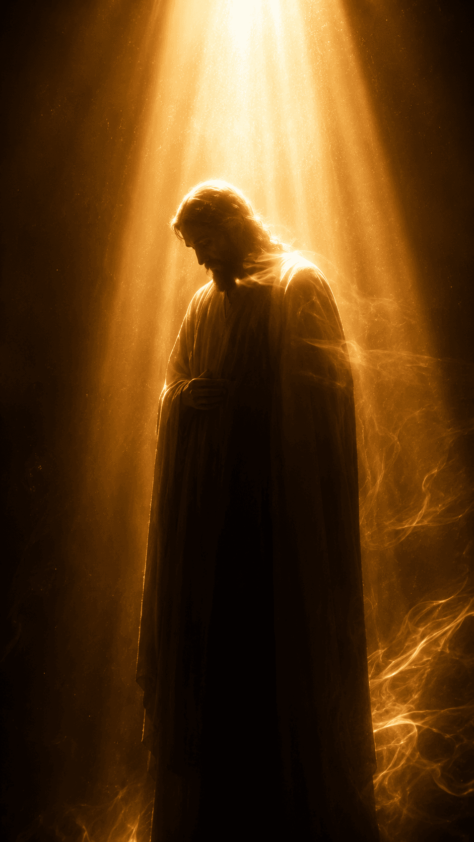 Silhouette of Jesus Christ standing beneath radiant golden heavenly light with glowing mist, symbolizing divine presence, hope, peace, and faith.