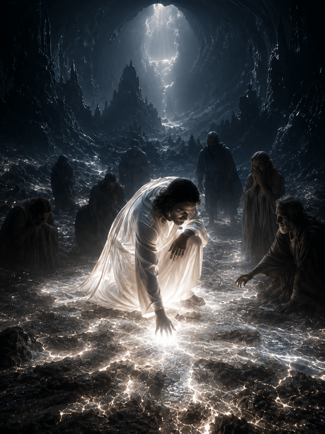 High-resolution artwork of Jesus Christ radiating divine light while touching the ground inside a cave, surrounded by amazed followers, creating a dramatic Christian devotional HD wallpaper.