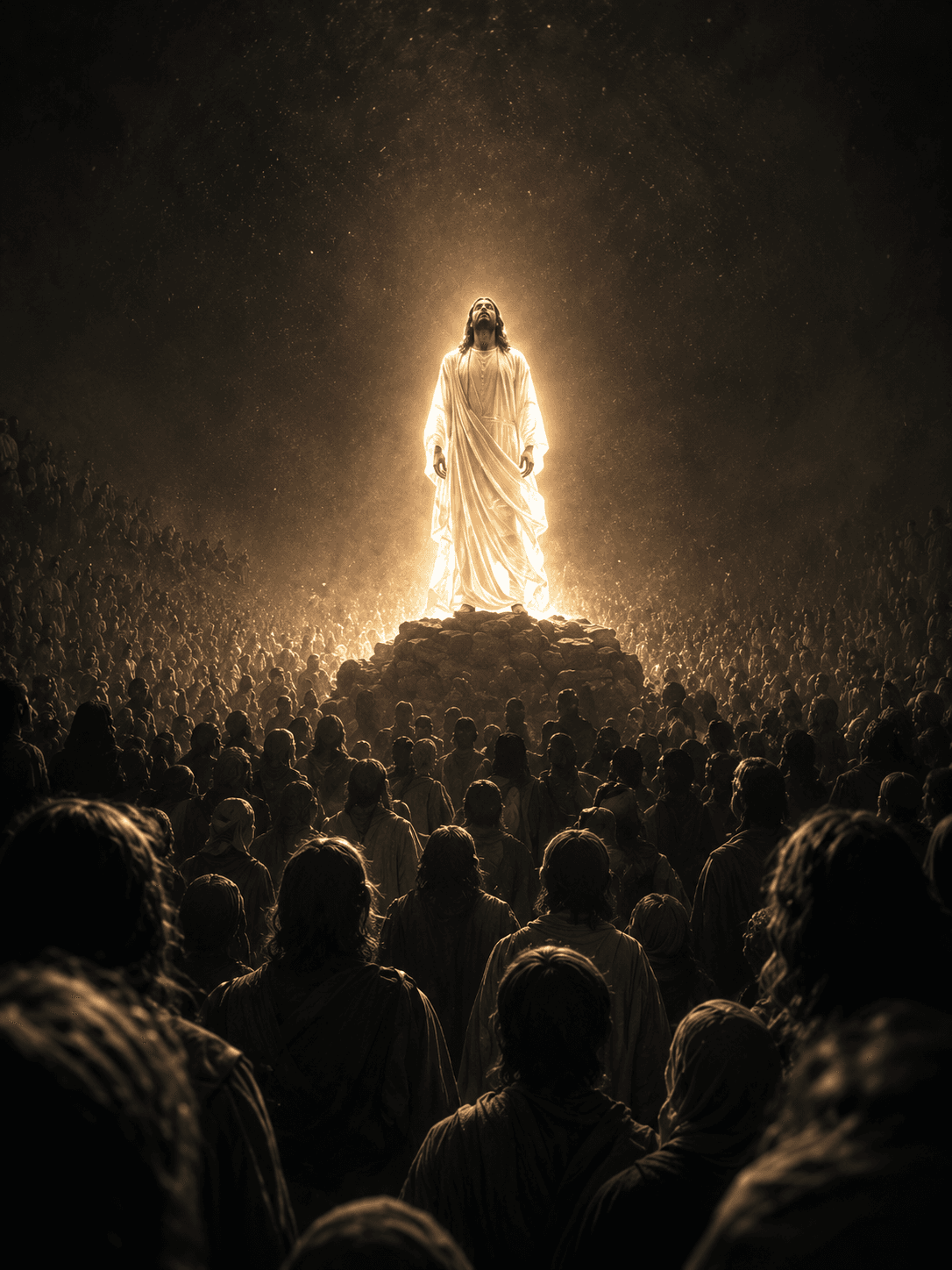 High-resolution artwork of Jesus Christ standing in radiant divine light before a vast crowd, symbolizing resurrection, hope, and heavenly glory, ideal for HD wallpapers and Christian devotional artwork.