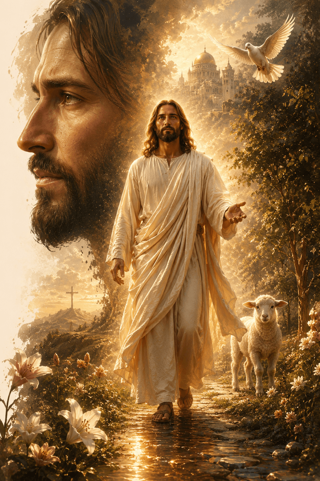Jesus Christ walking as the Good Shepherd with a lamb, dove, cross, flowers, and radiant heavenly light in a peaceful Christian landscape.