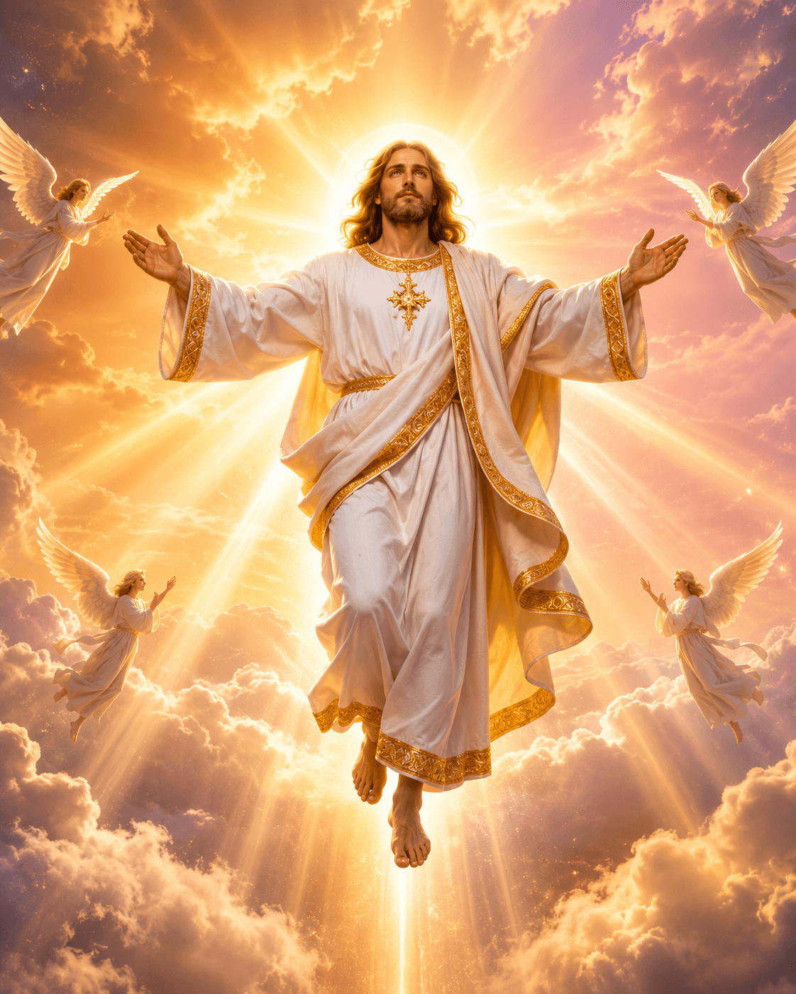 High-resolution artwork of Jesus Christ in radiant white and gold robes ascending through heavenly clouds, surrounded by angels and glowing divine light, ideal for HD wallpapers and devotional artwork.