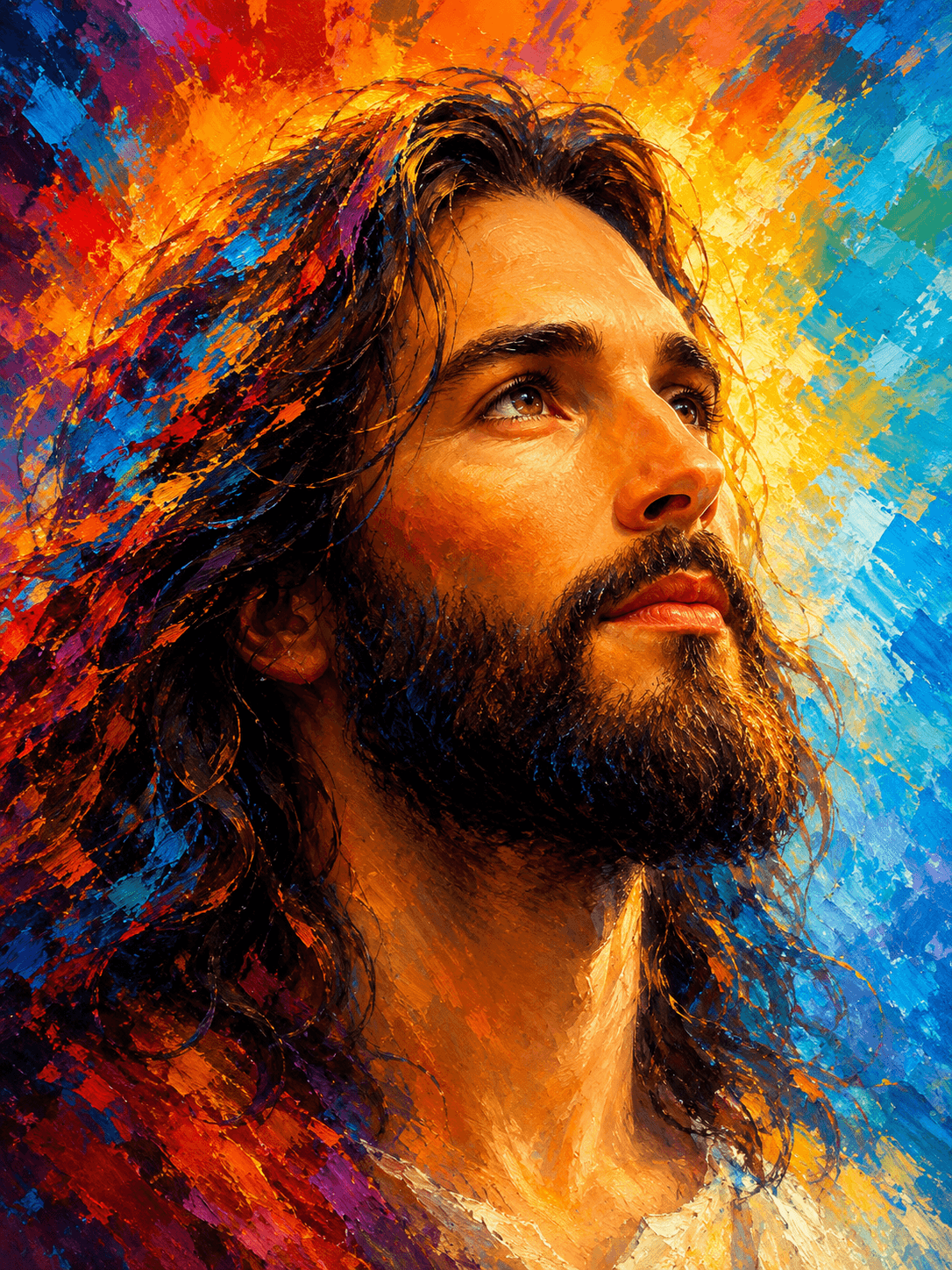 Artistic portrait of Jesus Christ with long hair, beard, radiant expression, and a vibrant colorful painted background.