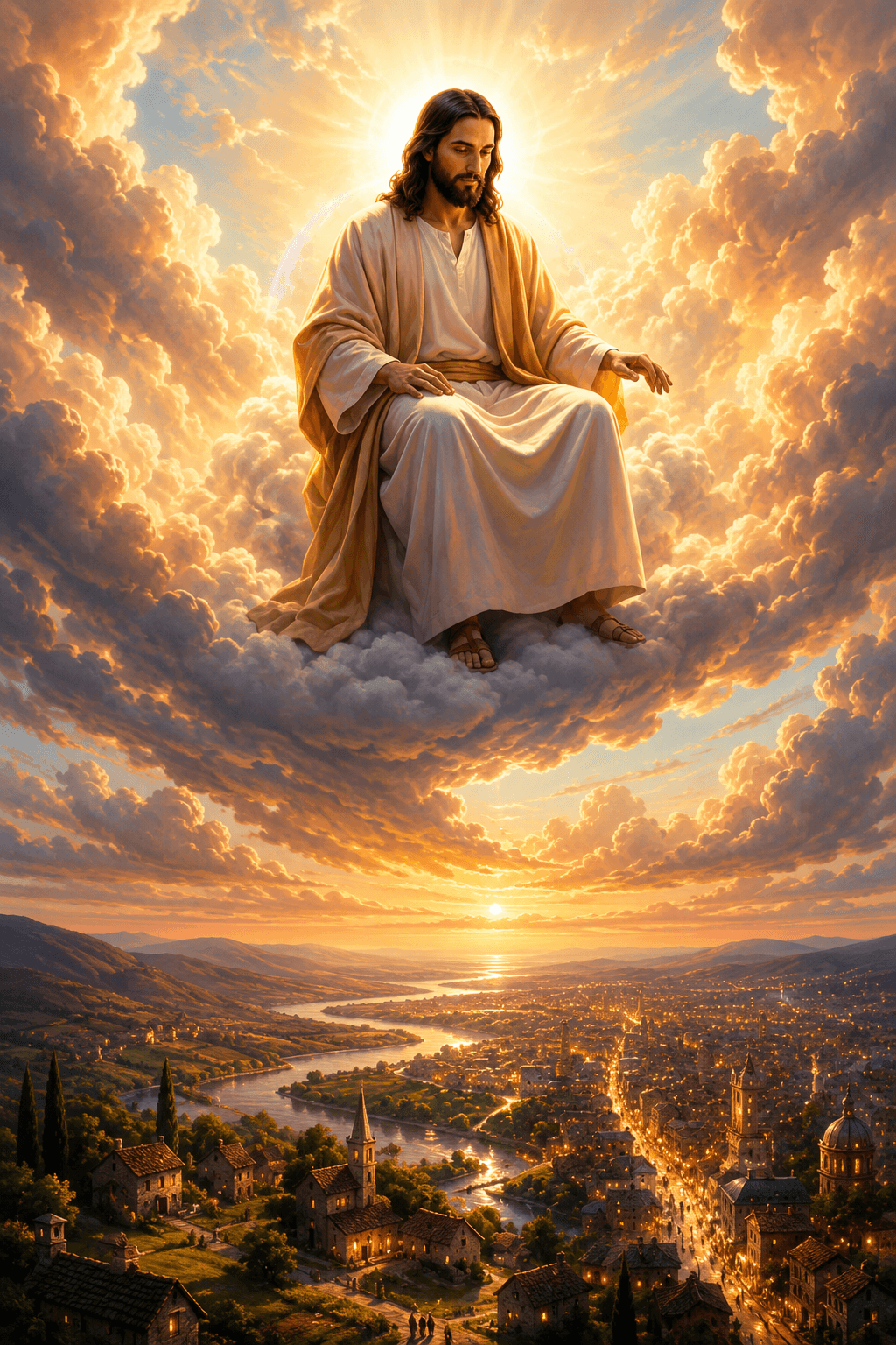 High-resolution artwork of Jesus Christ seated on radiant clouds above a peaceful city with golden sunlight and heavenly skies, creating a beautiful Christian devotional HD wallpaper.